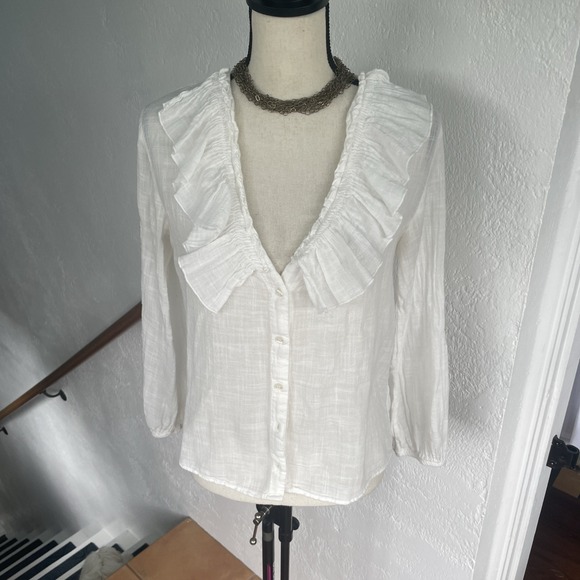 Zara Tops - Zara NWOT Womens Ruffled Collar Button-Up Off White Cotton Long Sleeve Size S